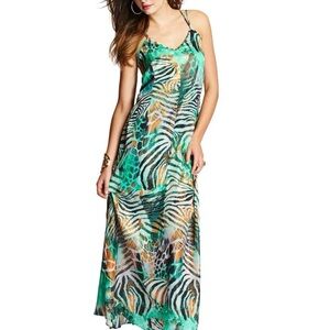 Guess Marciano Silk Abstract Zebra Animal Print‎ Maxi Dress Size Small V-Neck